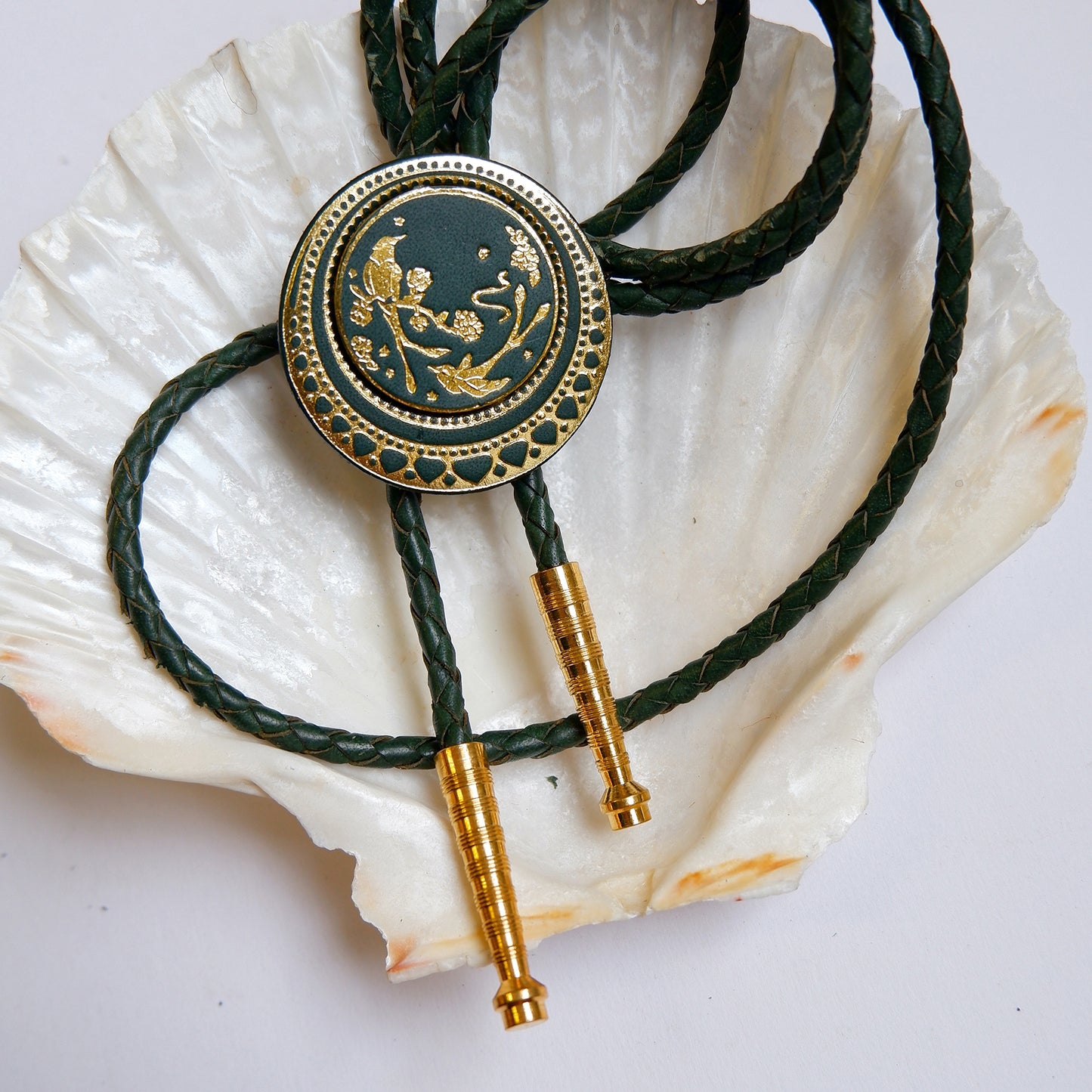 Dark green Leather Medallion bolo tie