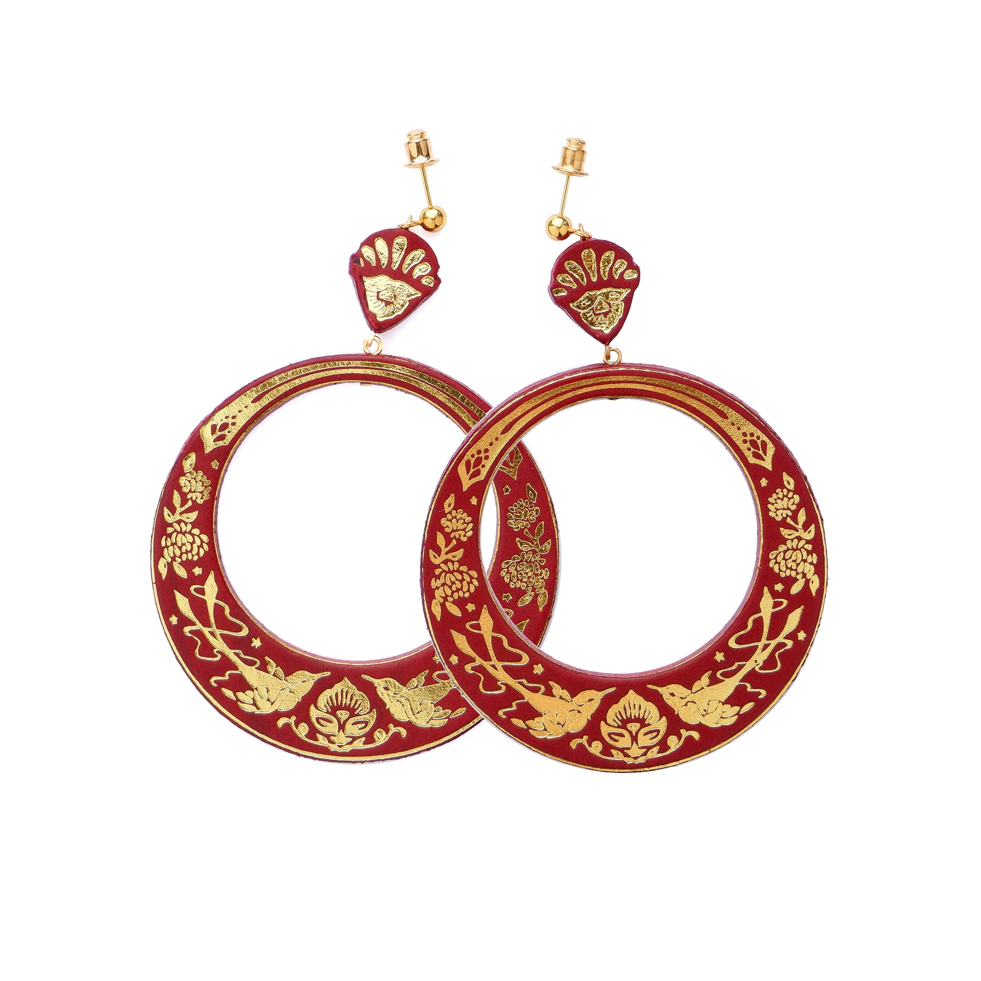 ox blood red leather hoop earrings with gold detailing