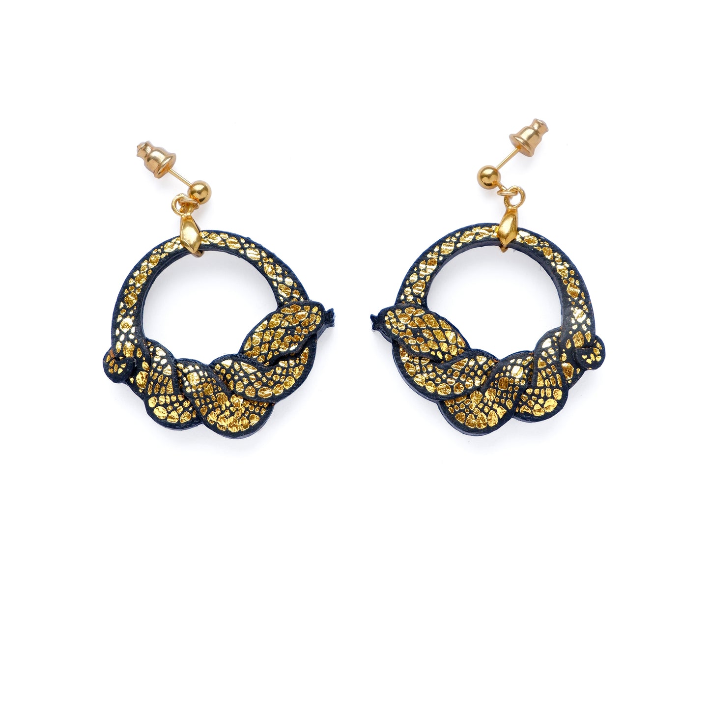 ouroboros snake hoop earrings in black & gold