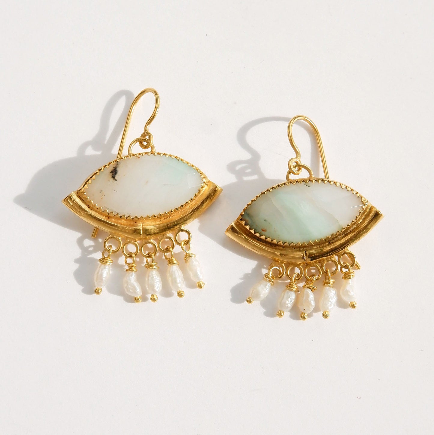 BAMBOO HAMMOCK . earrings / OOAK Pearl Fringed Green Opal Eye