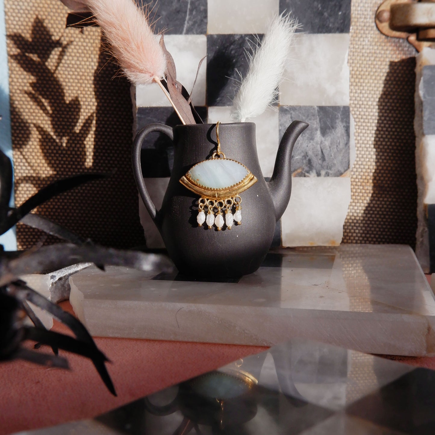 BAMBOO HAMMOCK . earrings / OOAK Pearl Fringed Green Opal Eye