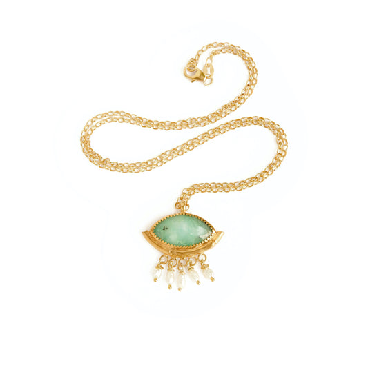 Eye shaped Marquise cut gemstone pendant in vibrant green peruvian opal, framed by a half mount of gold Vermeil bamboo, and embellished with a fringe of freshwater rice pearls, on Gold Vermeil chain.