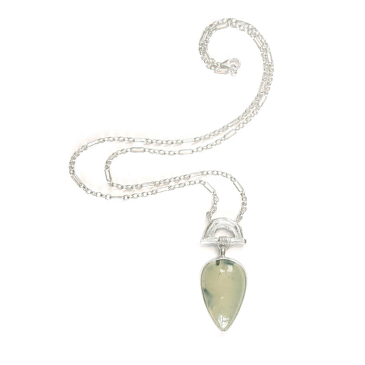 Pendant with  Pear-shaped pale green Prehnite Gemstone hanging from silver Bamboo Arch, on fine silver chain. white background