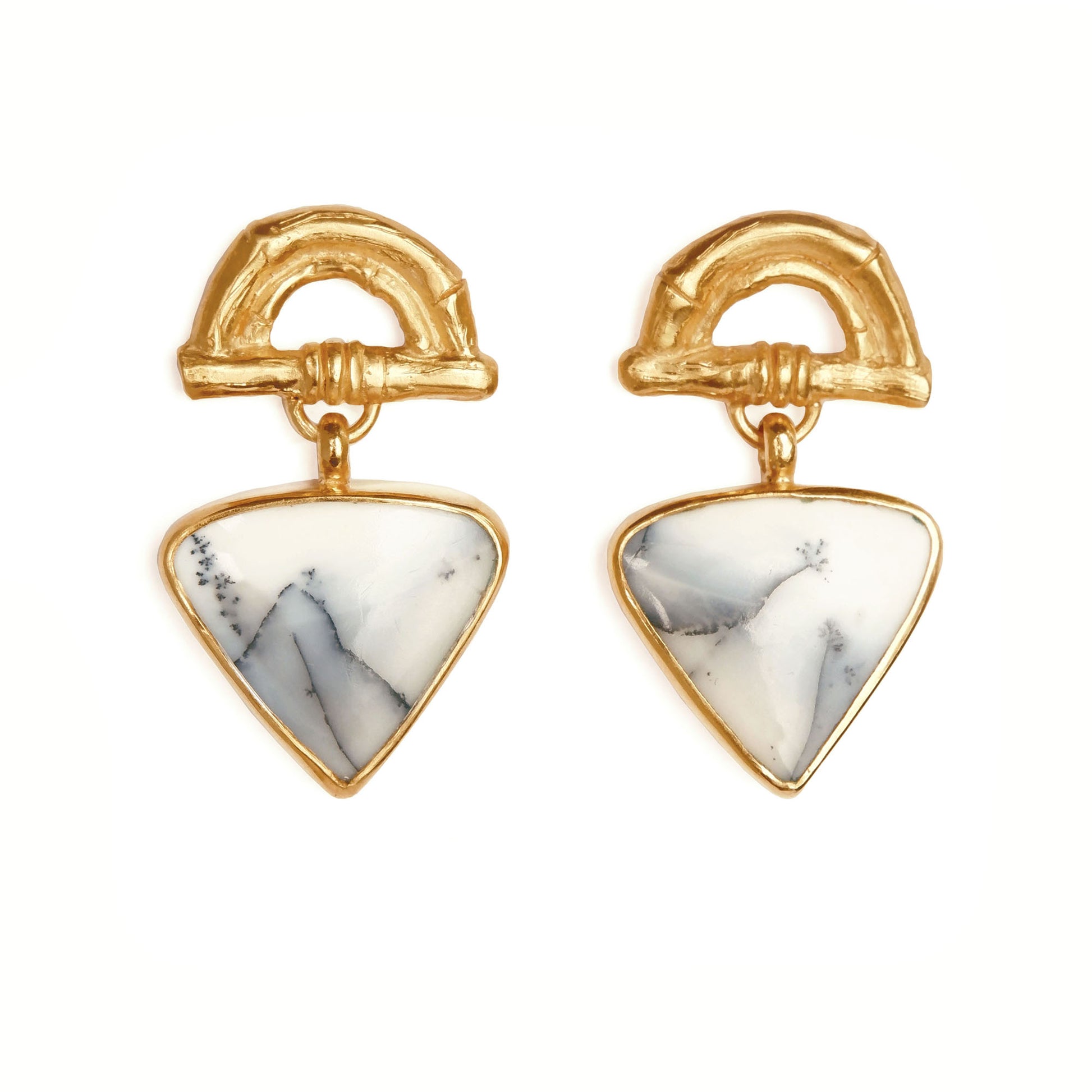 Gold Vermeil stud earrings featuring bamboo sunrise arch design, with gemstone drop pendants in white & grey Dendrite Opal