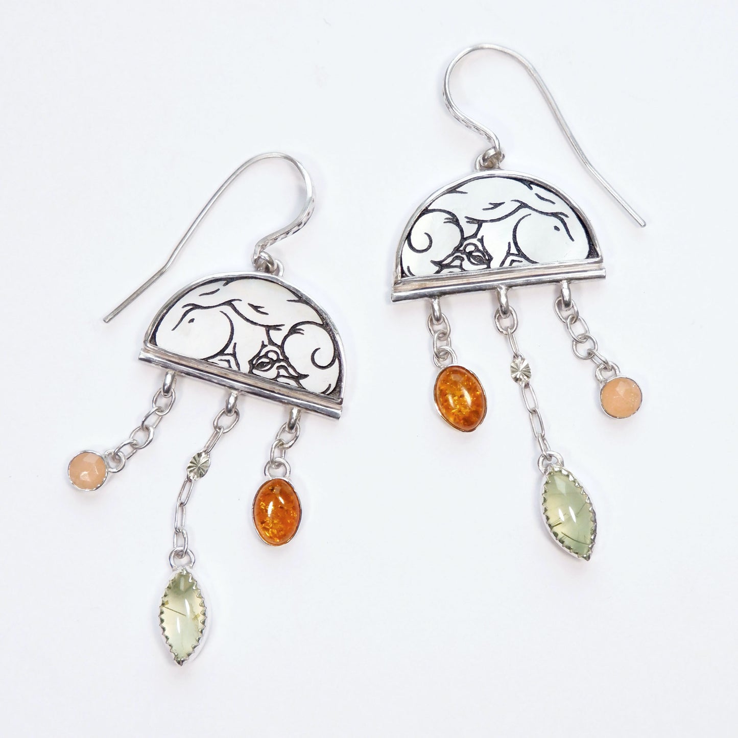 sterling silver half moon earrings, set with mother of pearl, engraved with squirrel illustration, and gemstone drops.