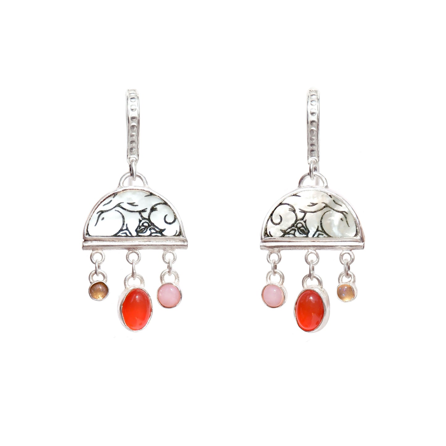 sterling silver half moon earrings, set with mother of pearl, engraved with squirrel illustration, and gemstone drops.