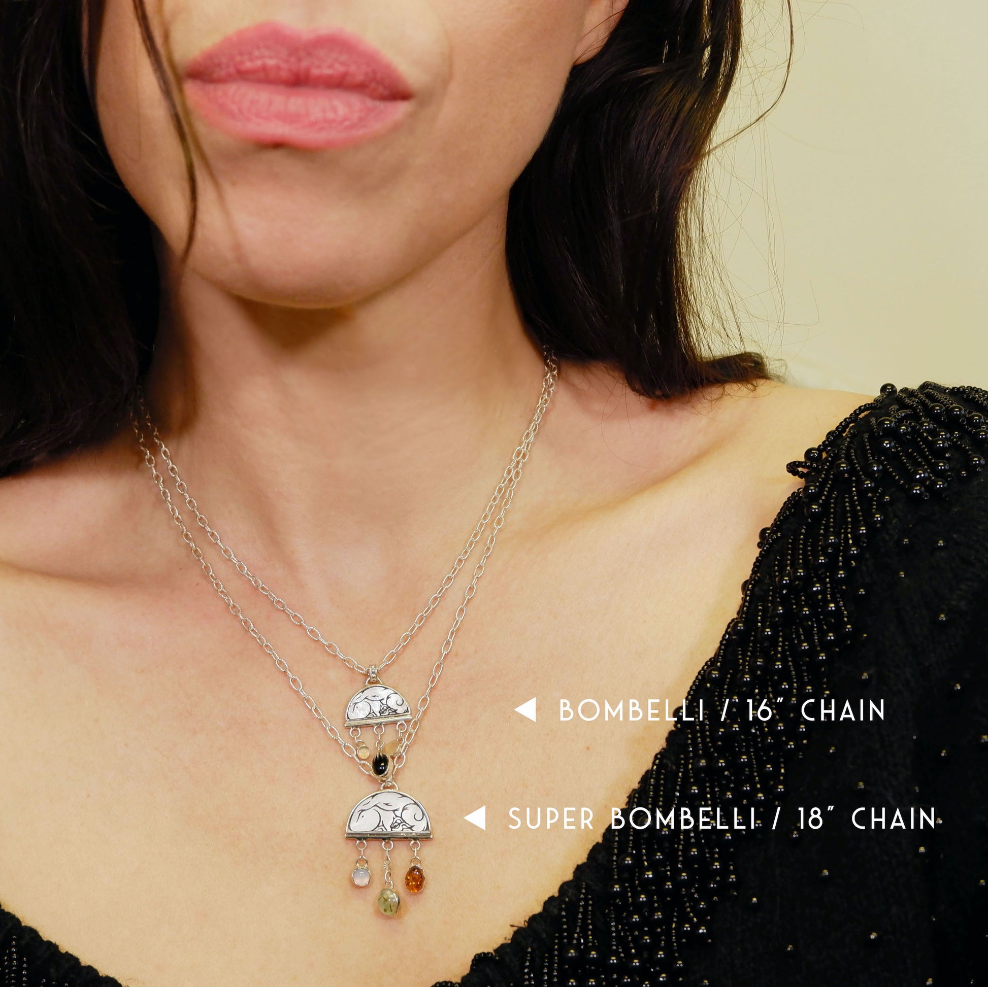 sterling silver half moon pendant necklace on chain, set with mother of pearl, engraved with squirrel illustration, and gemstone drops. Photographed on model, showing 16" & 18" chain length