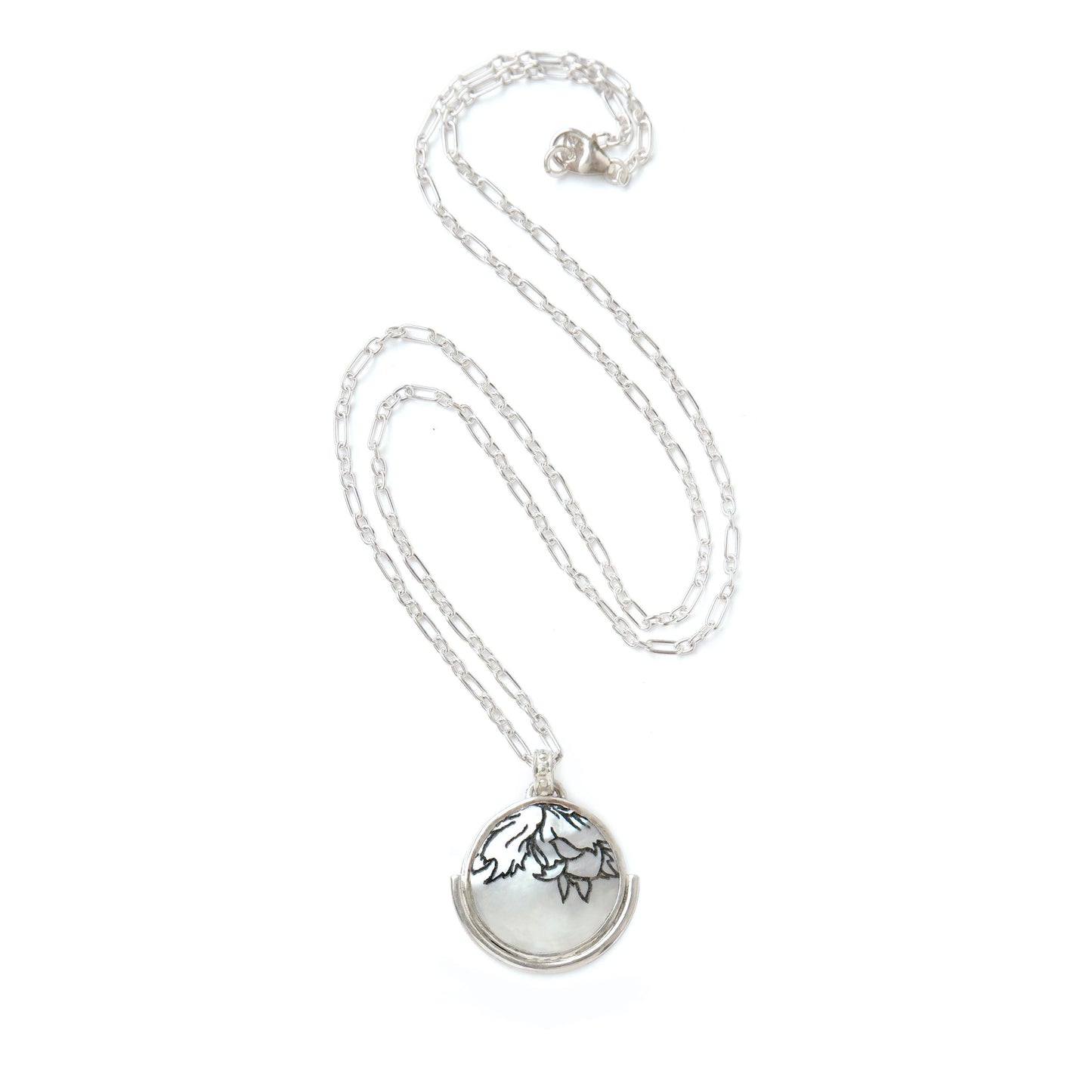 engraved mother of pearl full moon medallion pendant, in sterling silver, with cobnut design