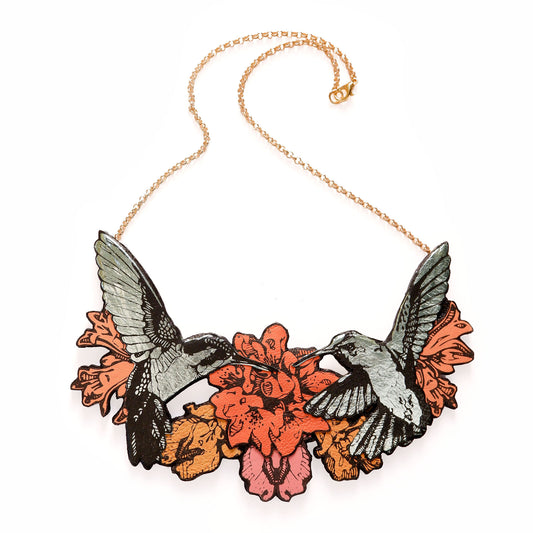 Hummingbird Necklace in collaged screen-printed coloured leather, on gold plated chain.
