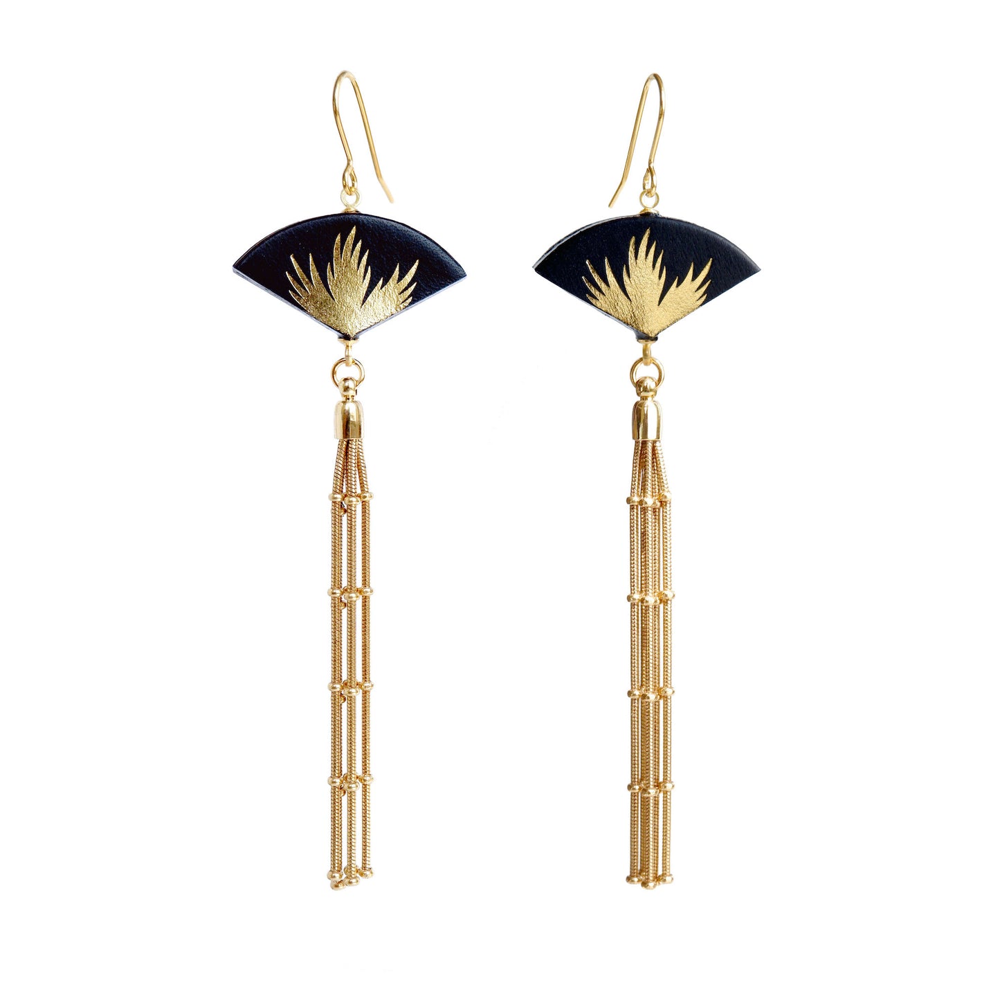 Leather fan earrings, with gold palm print, and long golden chain tassel 