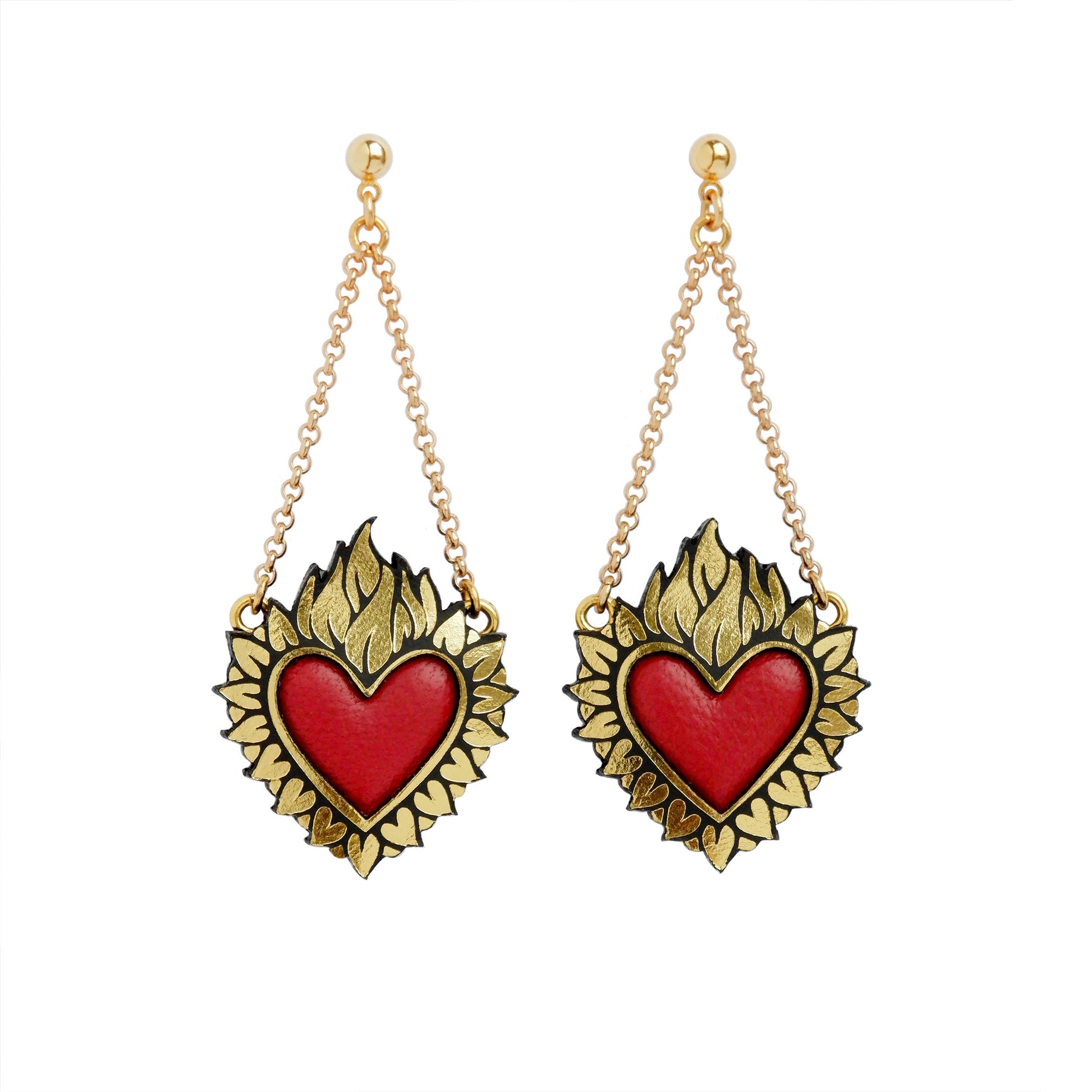 Flaming Heart Pendant, in Gold Foiled Leather, with a Lipstick Red padded leather centre, hung from fine Golden Belcher Chain, from golden ball studs.