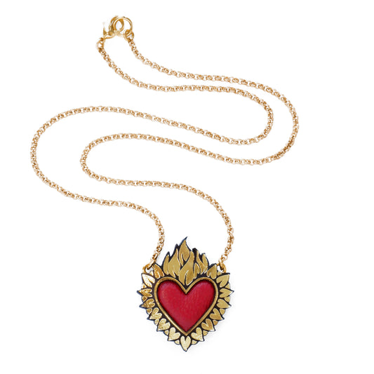 Flaming Heart Pendant, in Gold Foiled Leather, with a Lipstick Red padded leather centre, on Golden Belcher Chain.