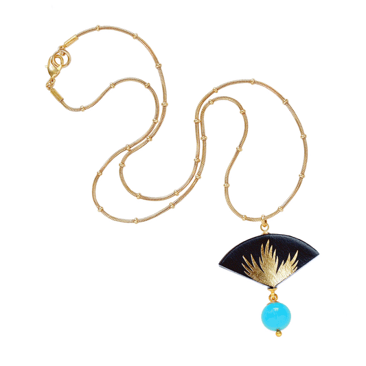 fan shaped leather pendant with gold palm tree print & drop bead, on gold beaded nsake chain, gif showing differenet size & colour options