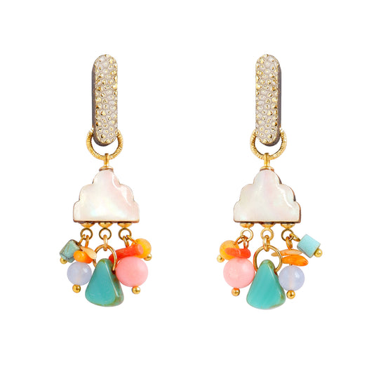 lacquered mother of pear charm drop earrings with rainbow mixed gemstone & glass beads, and sparkly leather studs