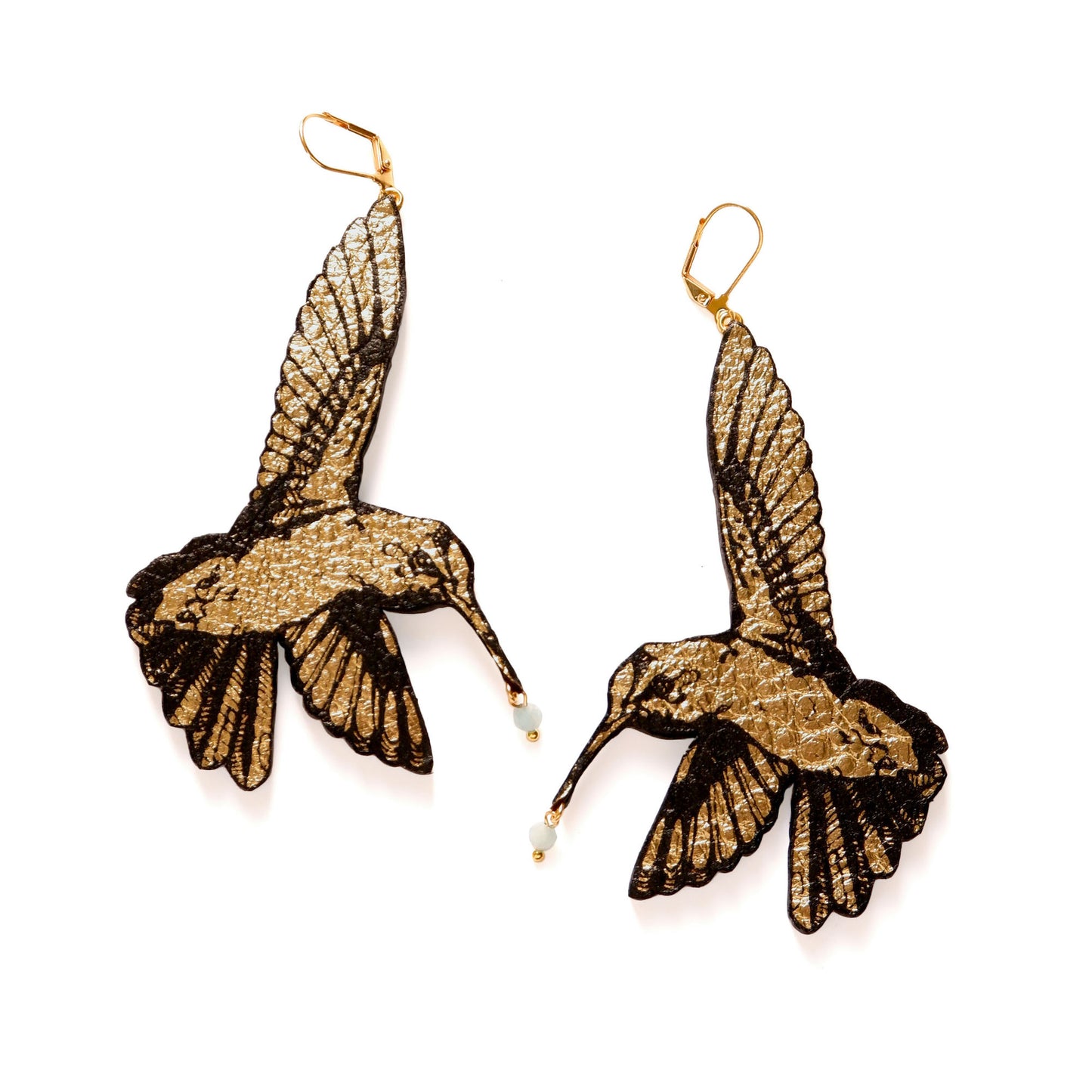 Large Statement Hummingbird Earrings, in Printed Gold Leather.