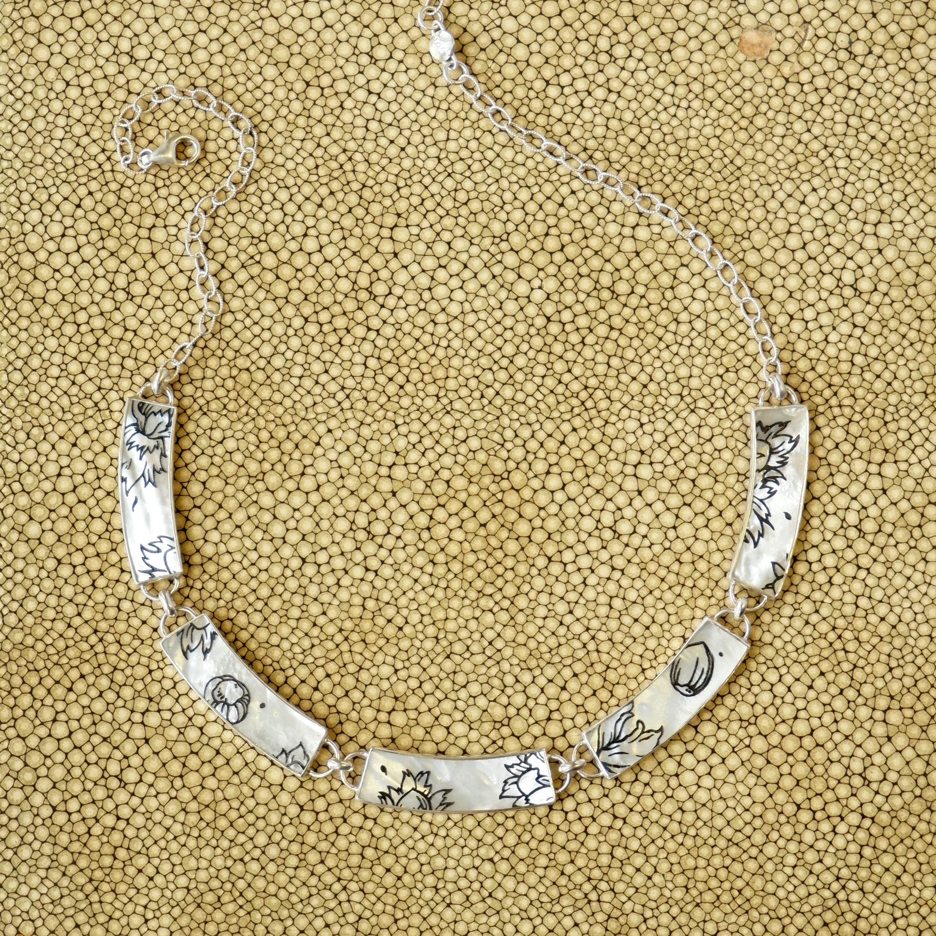 5 panel mother of pearl collar necklace, with botanical pattern, in sterling silver