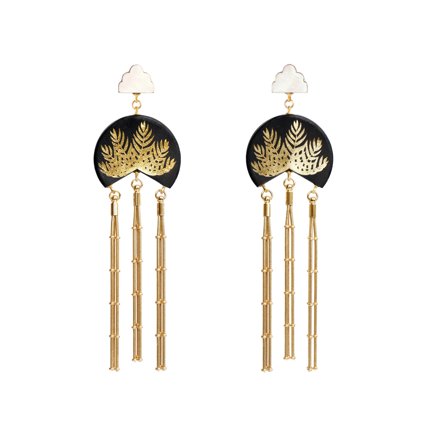 black leather medallion earrings, with gold palm tree print, gold tassels & mother of pearl cloud shade studs.