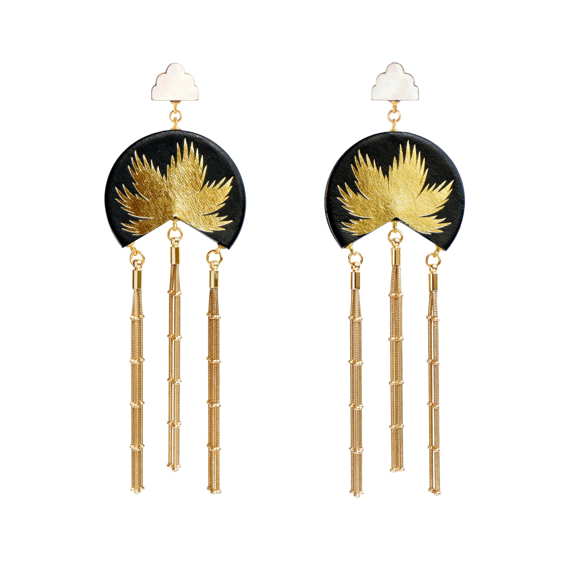 blak leather medallion earrings, with gold palm tree print, gold tassels & mother of pearl cloud shade studs.