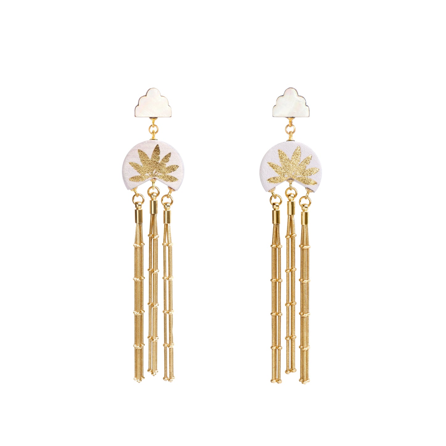 lilac leather medallion earrings, with gold palm tree print, gold tassels & mother of pearl cloud shade studs.