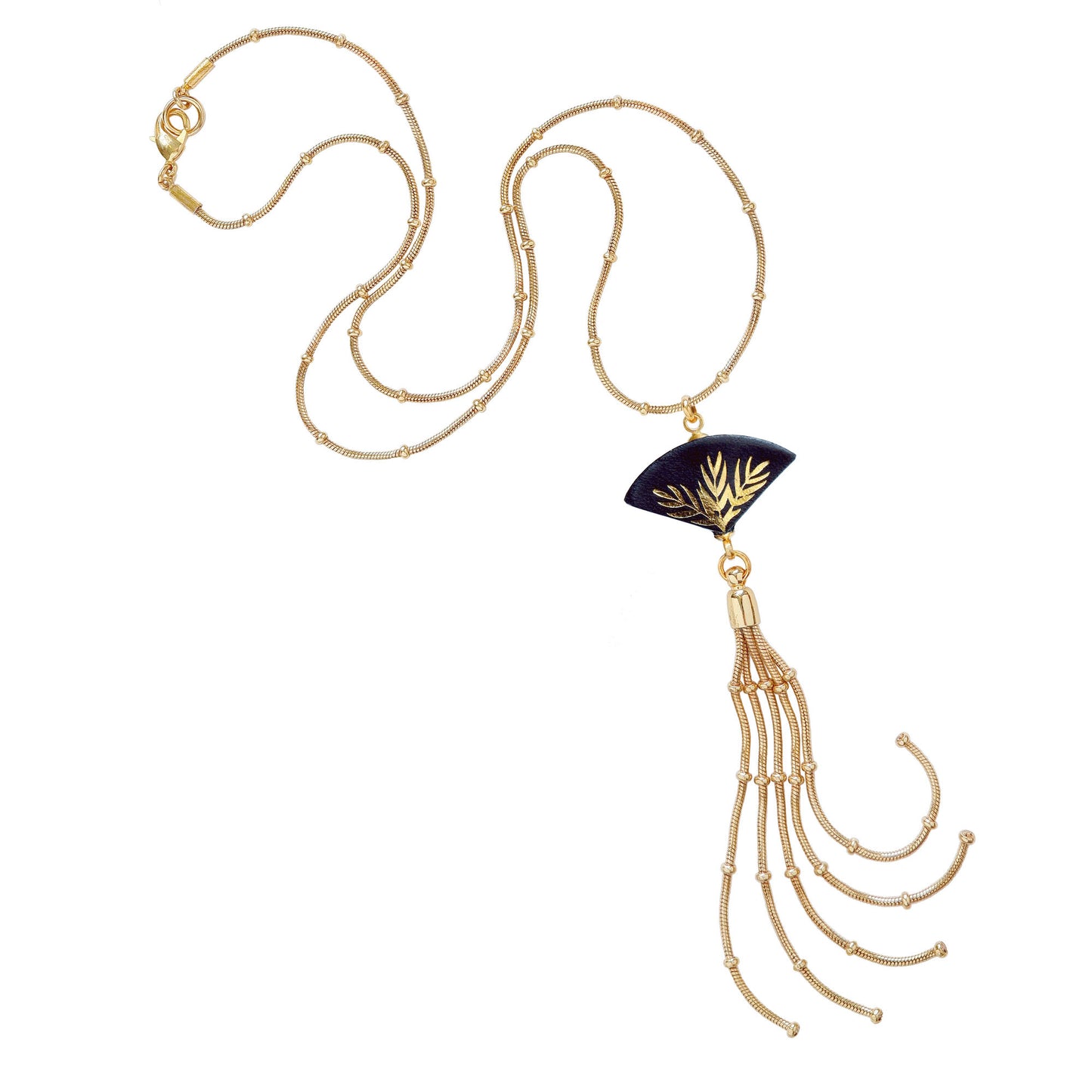 black leather fan pendant, with gold palm tree print, on gold beaded snake chain, with long chain tassel