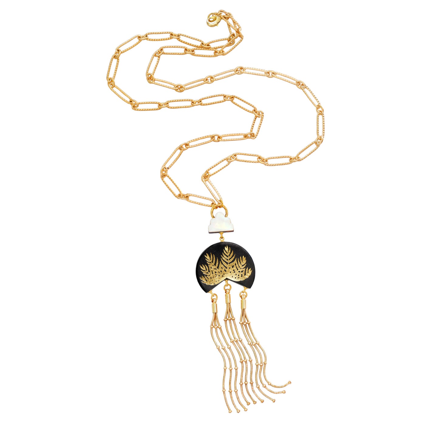 leather medallion pendant, with gold palm tree print,  long gold chain tassels, and mother of pearl cloud, on long-link gold chain
