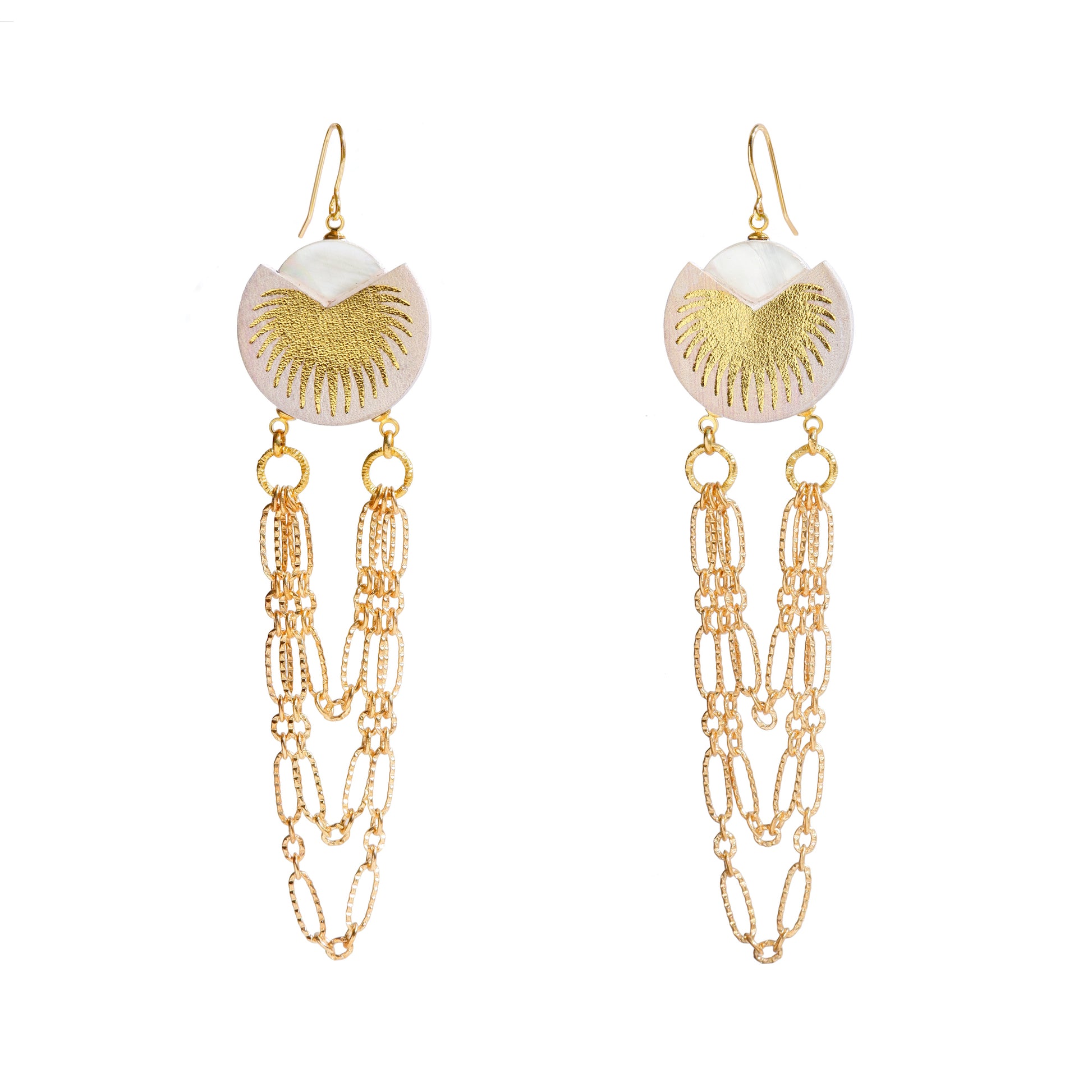 Lilac & gold leather palm tree chain swag chandelier earrings with mother of pearl