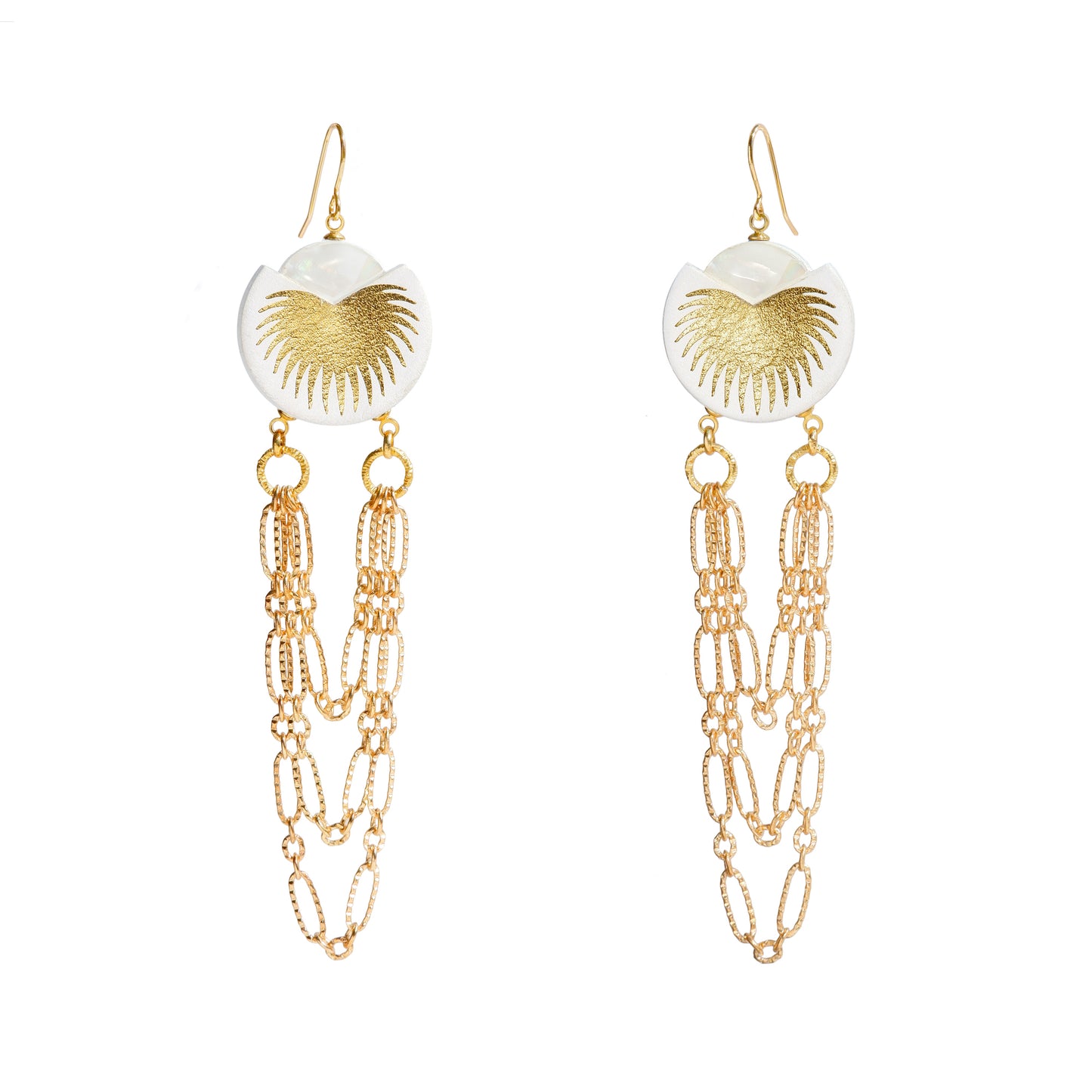 white & gold leather palm tree chain swag chandelier earrings with mother of pearl