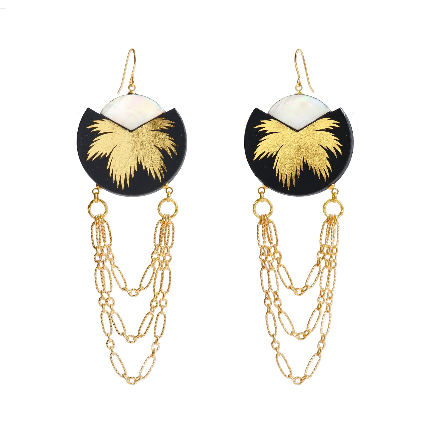 black & gold leather palm tree chain swag chandelier earrings with mother of pearl
