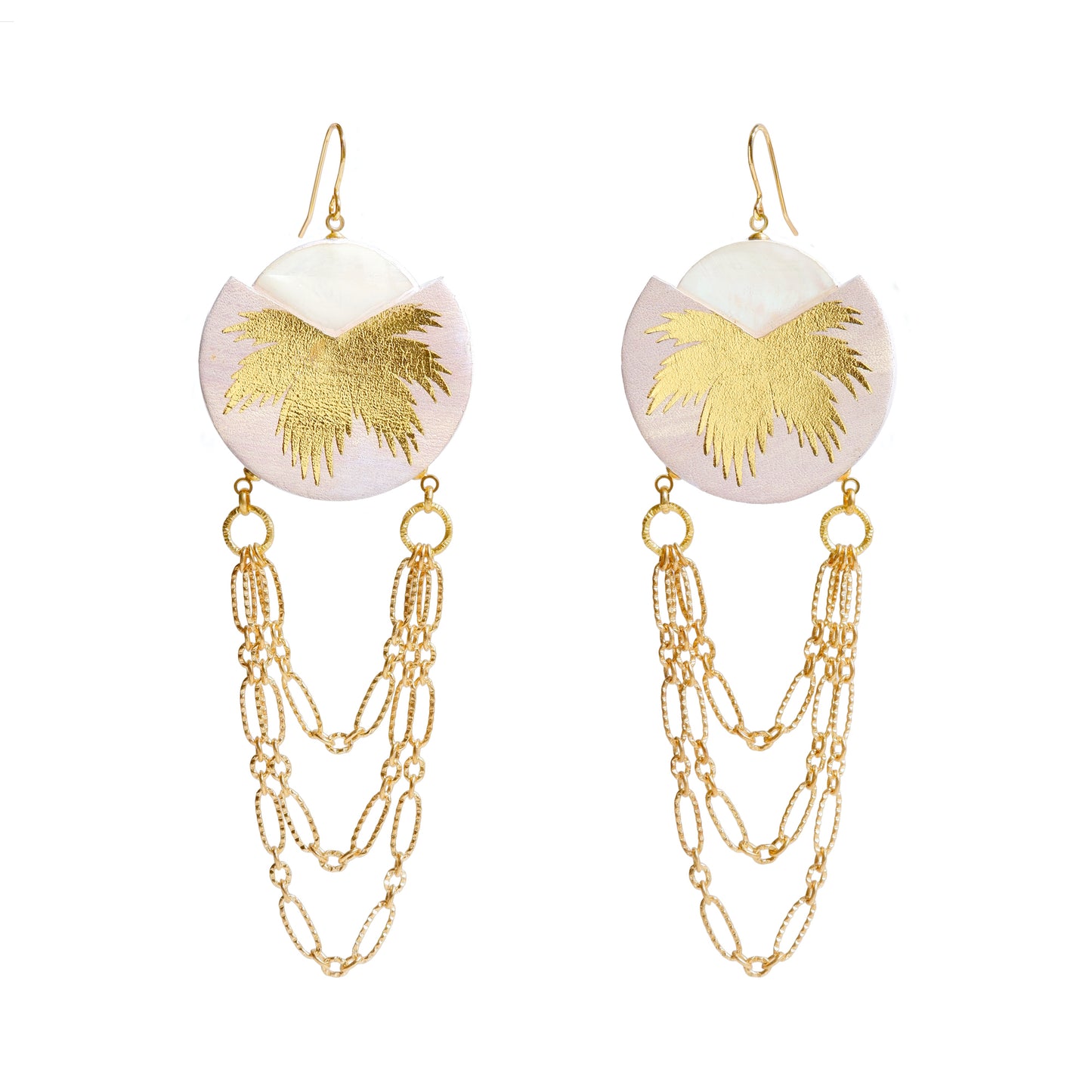 Lilac & gold leather palm tree chain swag chandelier earrings with mother of pearl