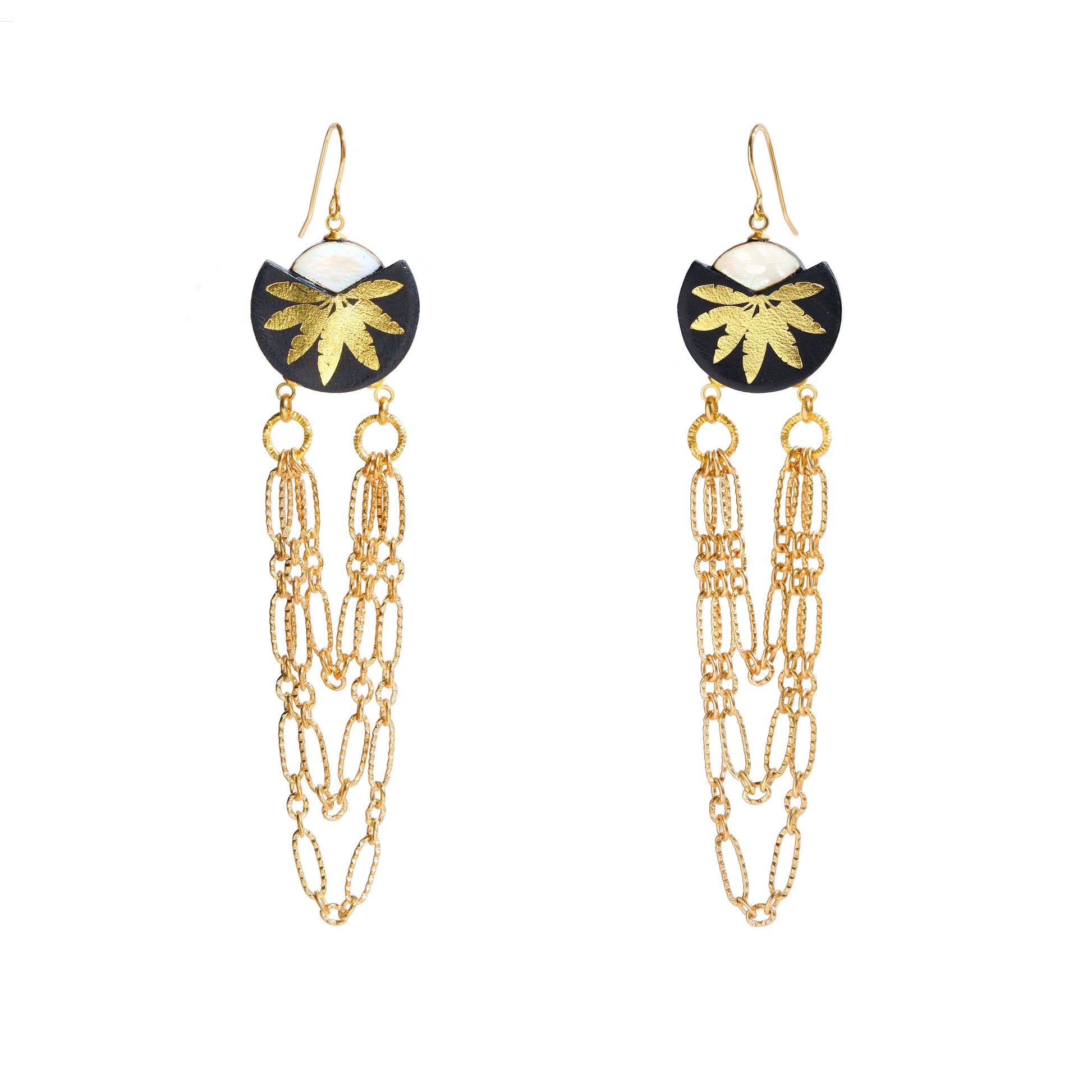 black & gold leather palm tree chain swag chandelier earrings with mother of pearl
