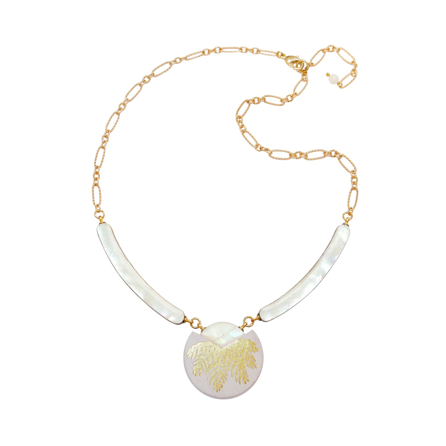necklace with curved mother of pearl bars , lilac leather medallion with a gold palm print
