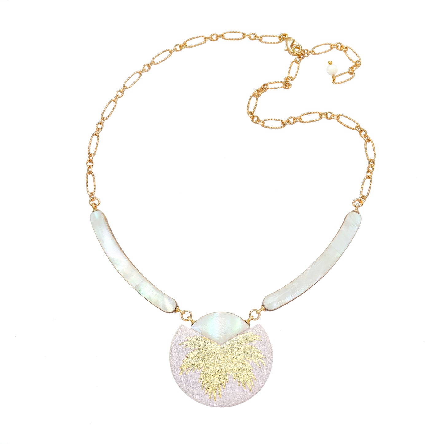 necklace with curved mother of pearl bars , lilac leather medallion with a gold palm print