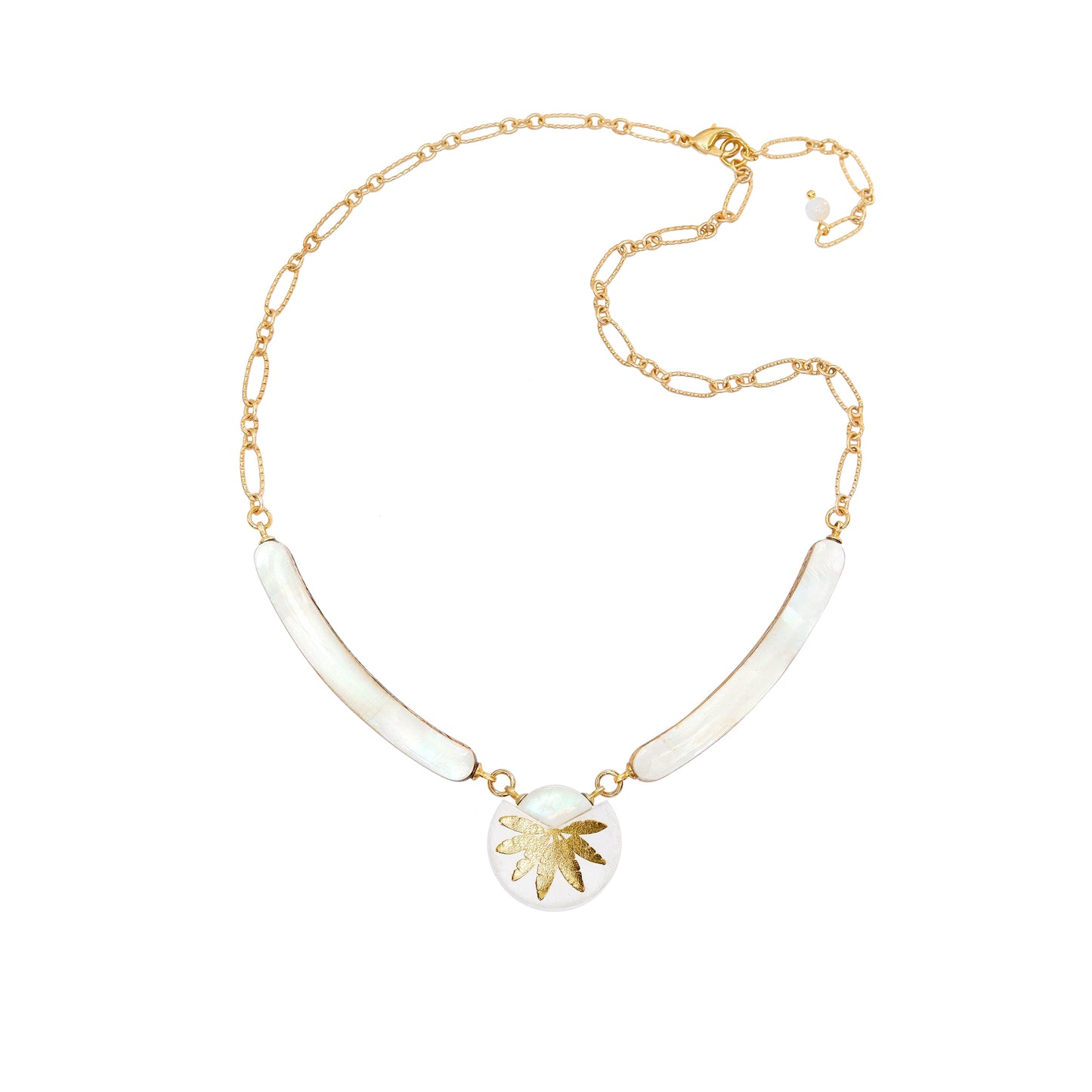 necklace with curved mother of pearl bars , white leather medallion with a gold palm print
