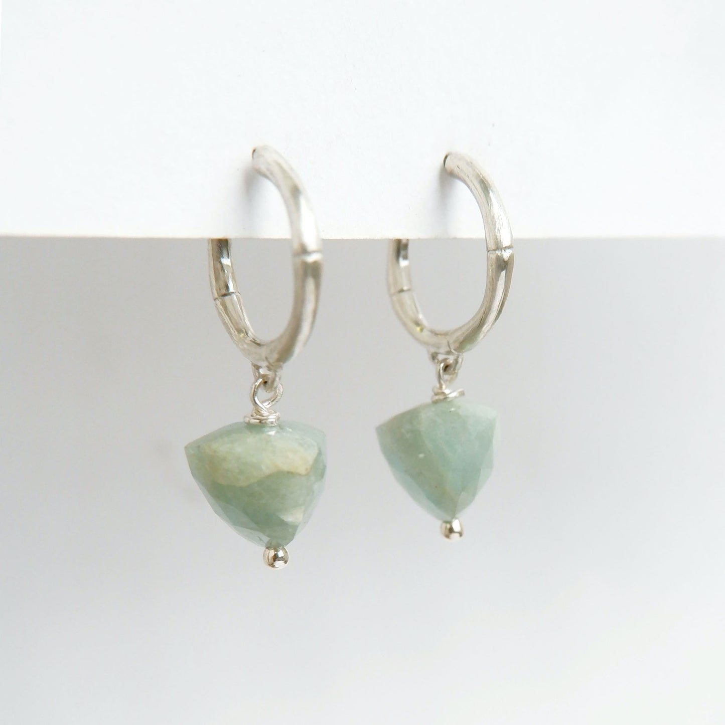 small sterling silver bamboo hoops, with faceted trillion pyramid Aquamarine bead charm