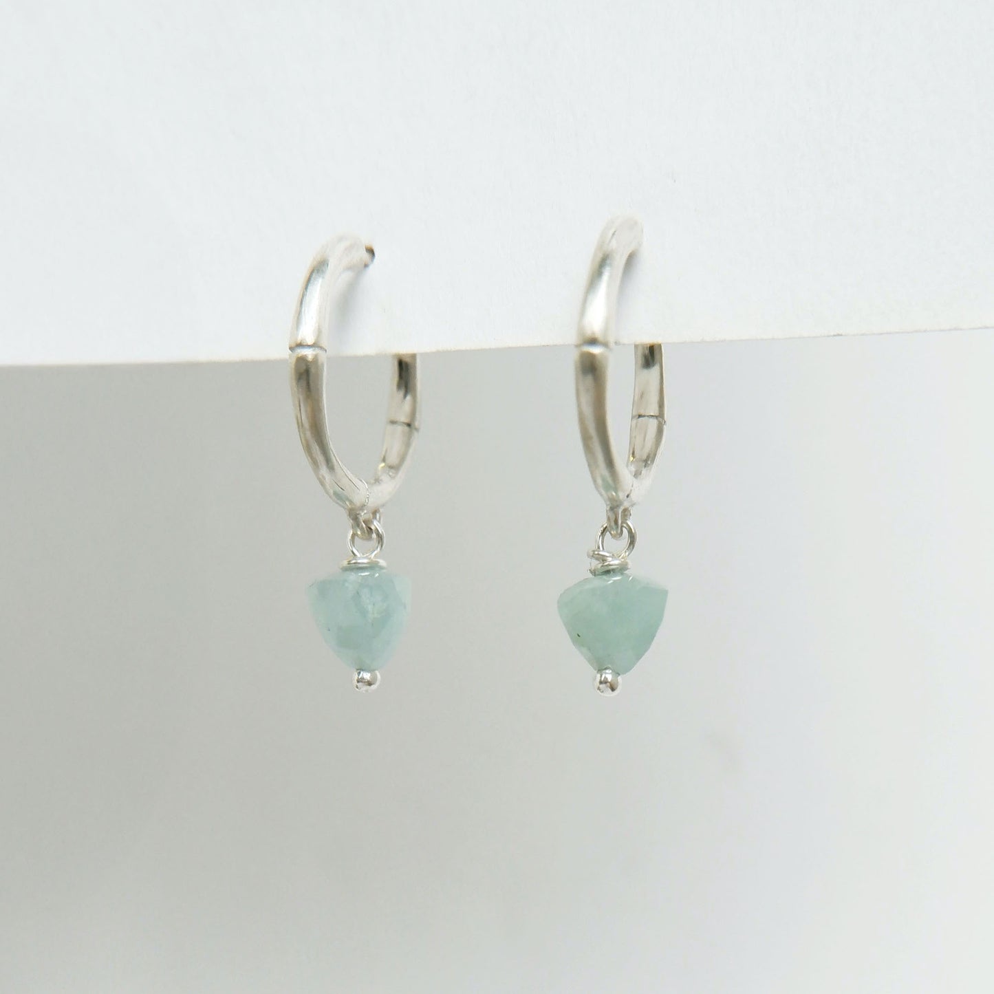 small sterling silver bamboo hoops, with faceted trillion pyramid Aquamarine bead charm