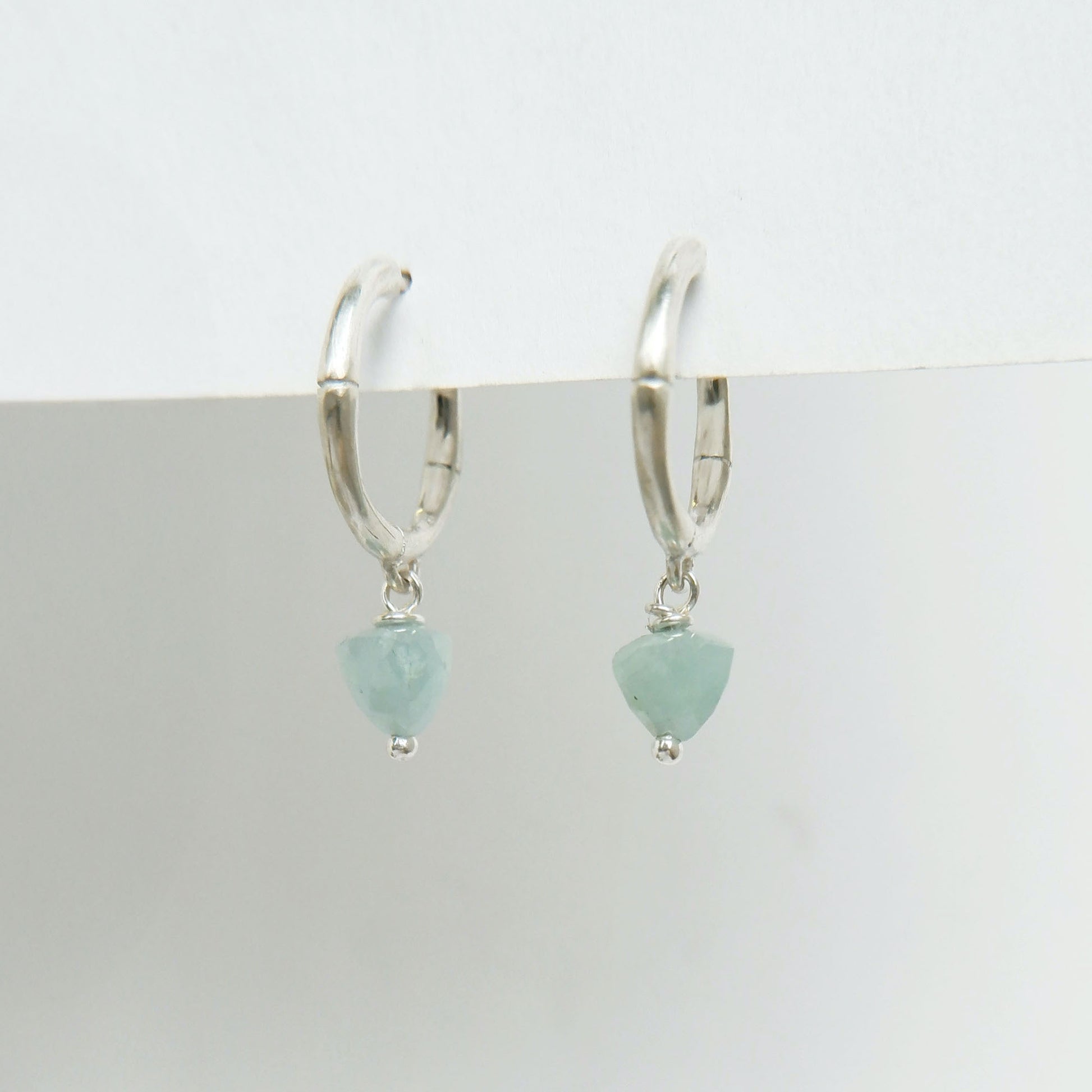 small sterling silver bamboo hoops, with faceted trillion pyramid Aquamarine bead charm