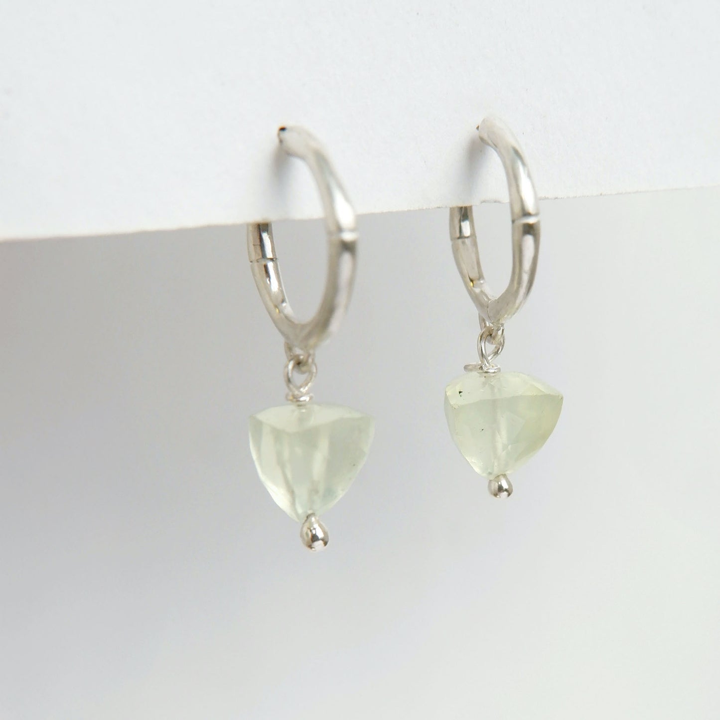 small sterling silver bamboo hoops, with faceted trillion pyramid Prehnite bead charm