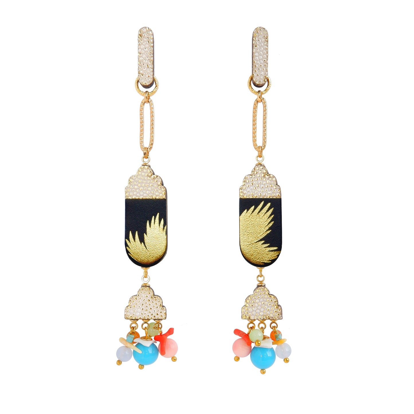 gold & black palm tree print leather, & textured gold leather dro earrings, with clusters of rainbow glass & gemstone beads,