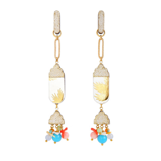 gold palm tree print white leather, & textured gold leather dro earrings, with clusters of rainbow glass & gemstone beads,