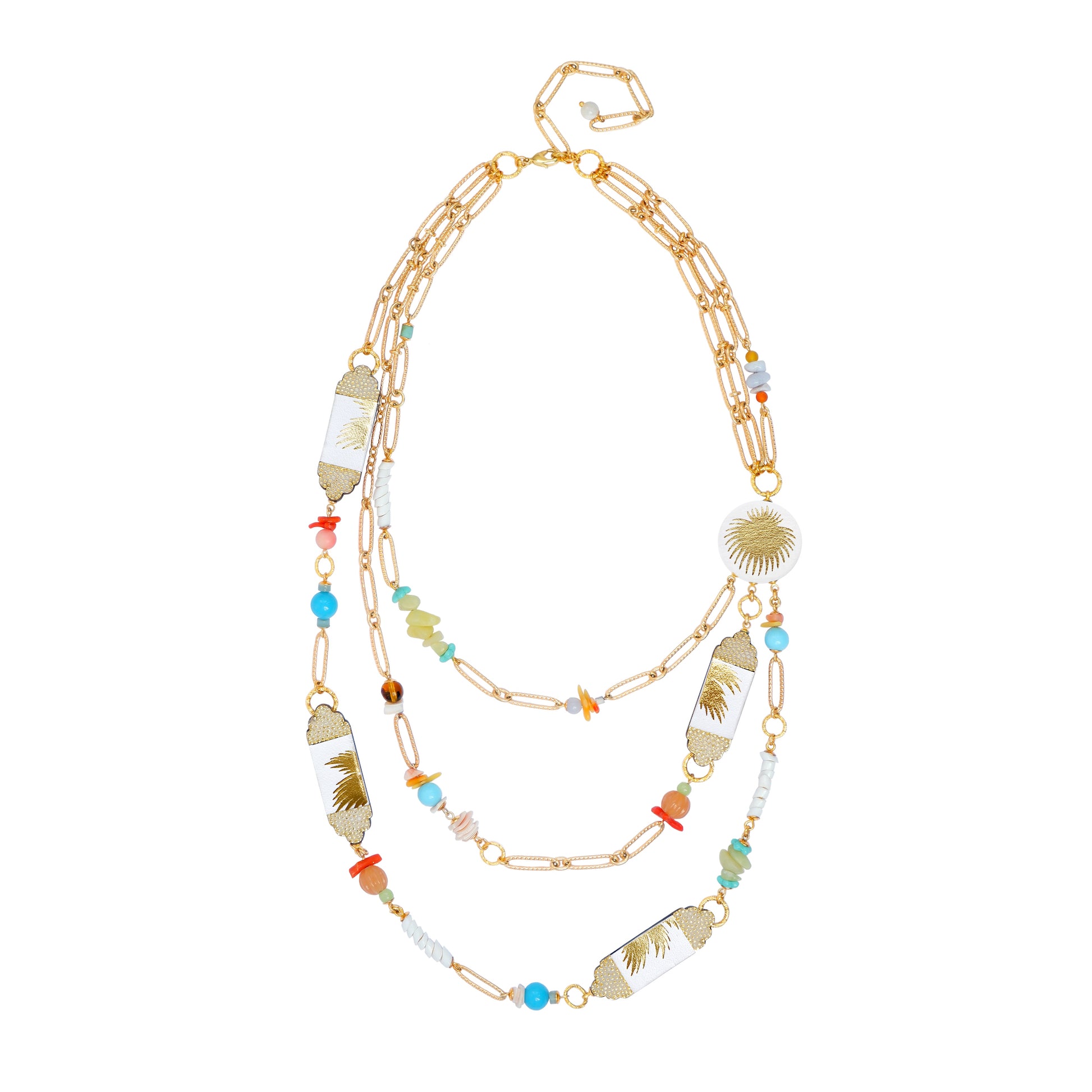 multi strand beaded chain necklace with palm-print white leather pieces