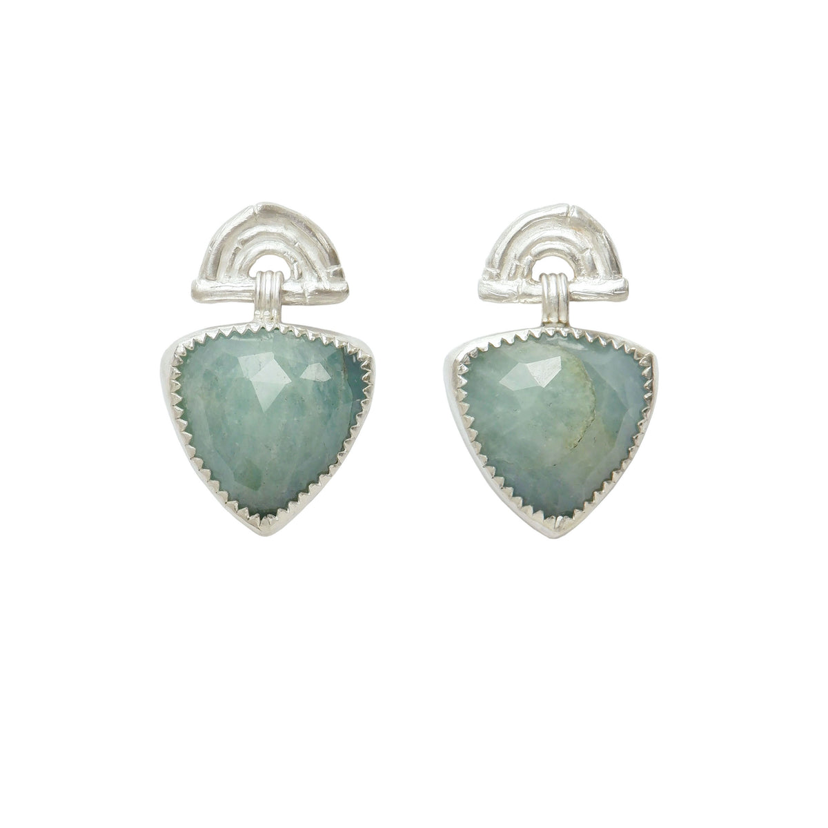 Sterling Silver stud drop earrings , featuring triple arches of bamboo, paired with a faceted hanging Trillion shaped Aquamarine gemstone charm pendant, set with serrated Silver teeth.