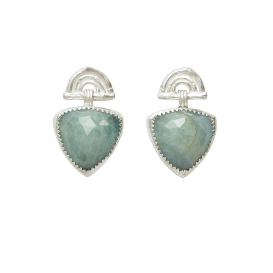 Sterling Silver stud drop earrings , featuring triple arches of bamboo, paired with a faceted hanging Trillion shaped Aquamarine gemstone charm pendant, set with serrated Silver teeth.