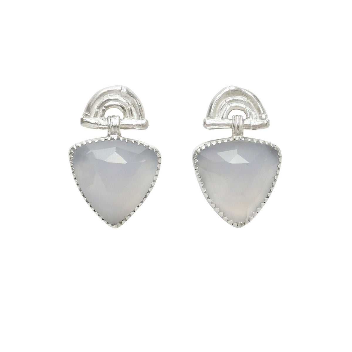 Sterling Silver stud drop earrings , featuring triple arches of bamboo, paired with a hanging faceted Trillion shaped Lavender Chalcedony gemstone charm pendant, set with serrated Silver teeth.