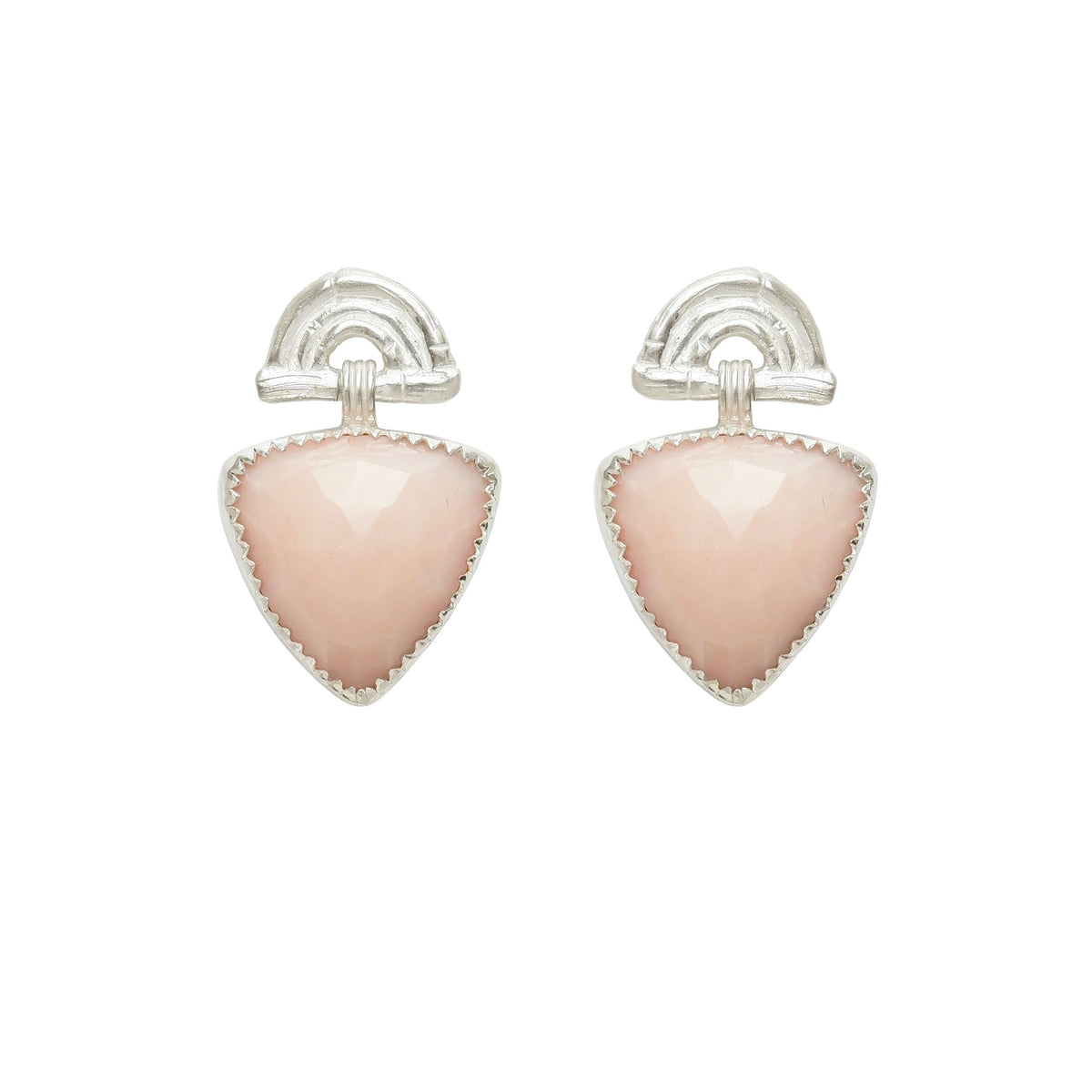 Sterling Silver stud drop earrings , featuring triple arches of bamboo, paired with a hanging faceted Trillion shaped Pink Opal gemstone charm pendant, set with serrated Silver teeth.