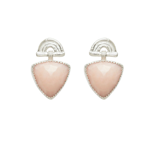 Sterling Silver stud drop earrings , featuring triple arches of bamboo, paired with a hanging faceted Trillion shaped Pink Opal gemstone charm pendant, set with serrated Silver teeth.