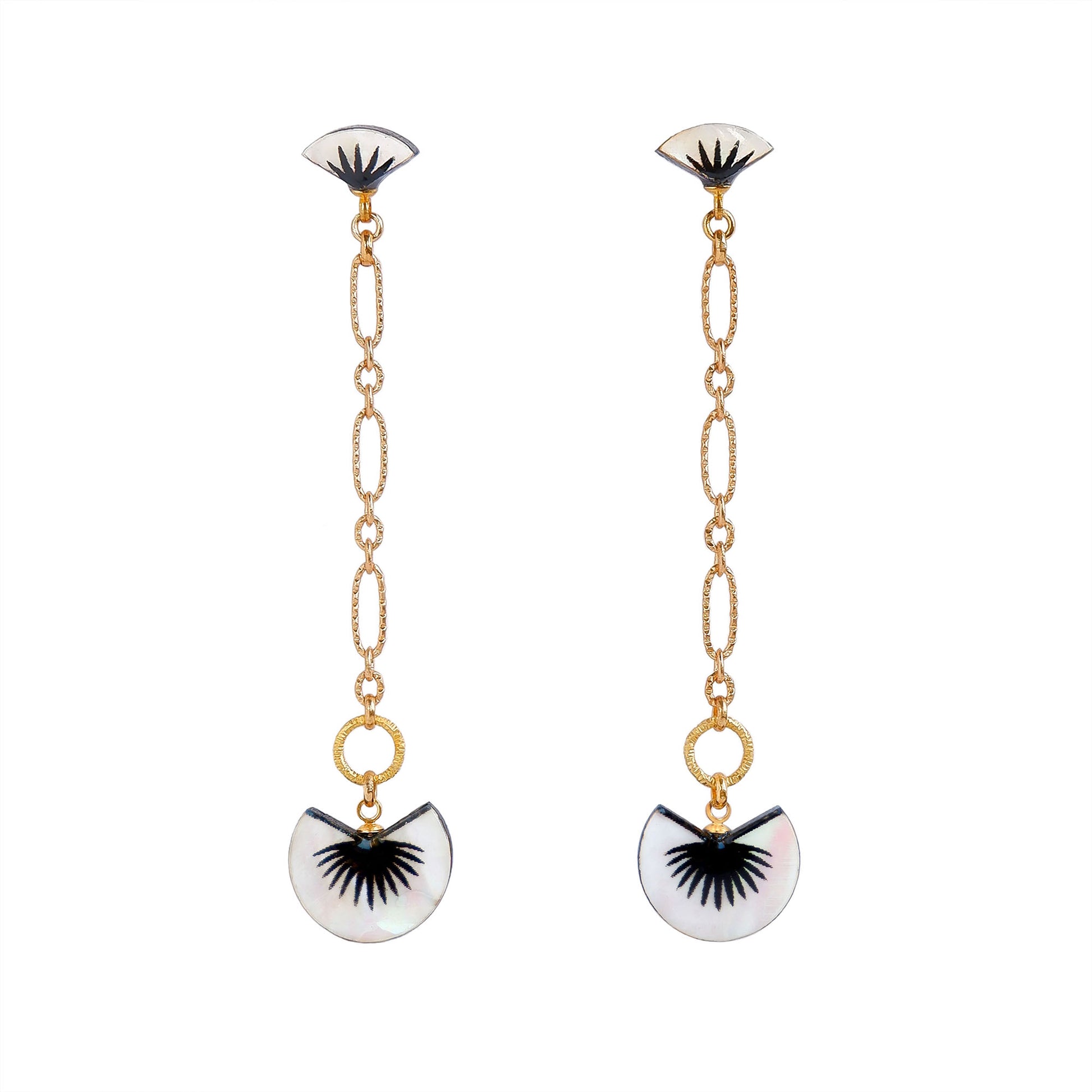 graphic palm print black & mother of pearl drop earrings with golden chain