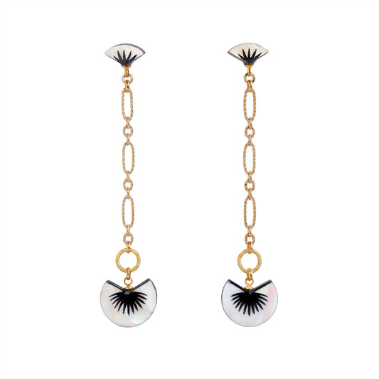 graphic palm print black & mother of pearl drop earrings with golden chain