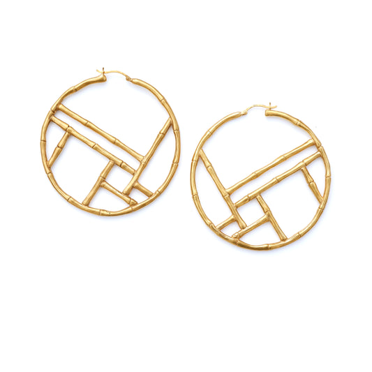 Gold Vermeil Large Bamboo Hoops, structured cross bar Chinese screen trellis design,  statement earrings