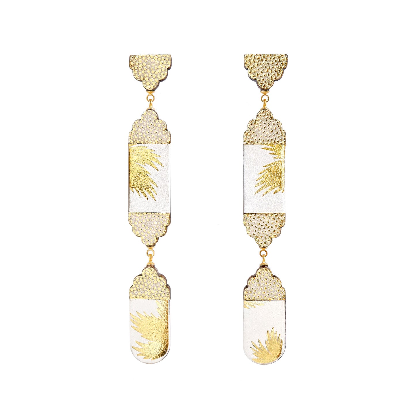 long white leather drop earrings with gold palm print & embossed dot pattern