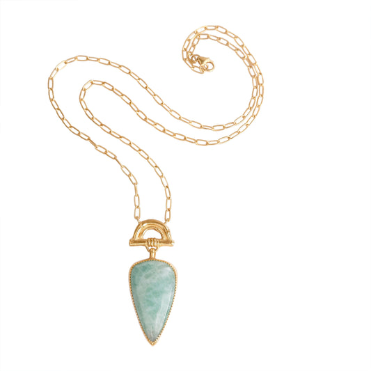 Pendant with long Pear-shaped Amazonite Gemstone hanging from gold Bamboo Arch, on fine gold chain.